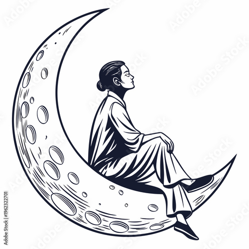 A man sitting on a crescent moon looking up at the sky in a peaceful and dreamy atmosphere