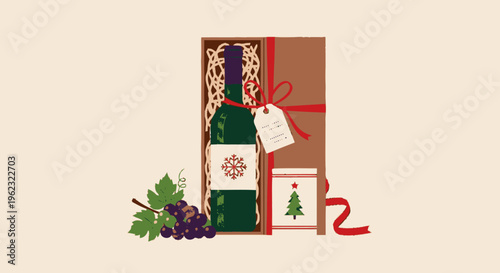 Festive Wine Gift Box with Grapes and Ornaments.