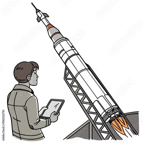 Man in gray jacket looking at tablet next to large rocket on launchpad