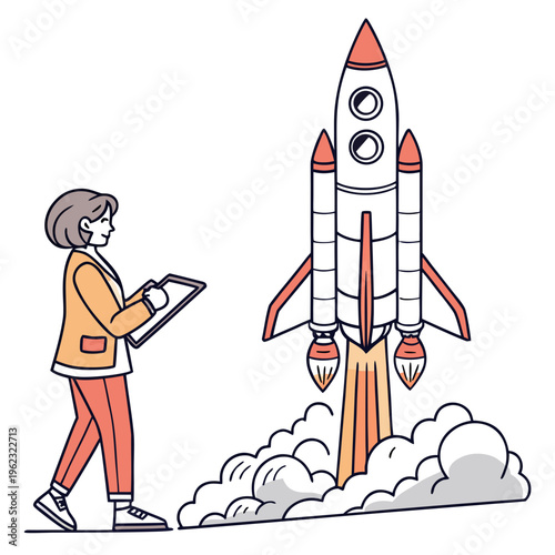 Businesswoman launching a rocket ship into space with a clipboard in hand