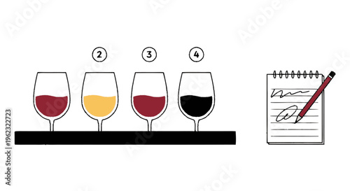 Four glasses of wine on a shelf with a notebook and pen.