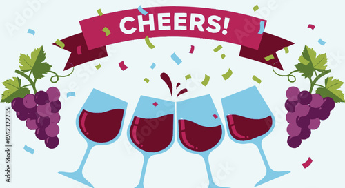 Four glasses of red wine clinking together for a toast.