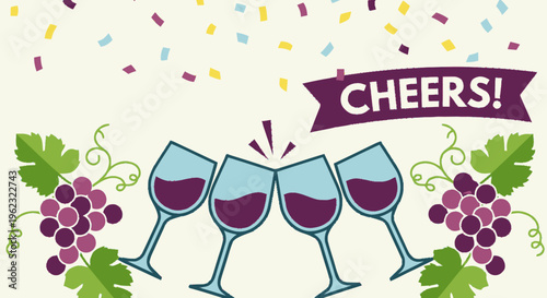 Four glasses of red wine clinking together with grapes and confetti.