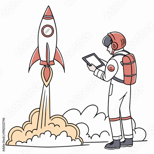Astronaut standing next to a rocket launching into space with a tablet in hand