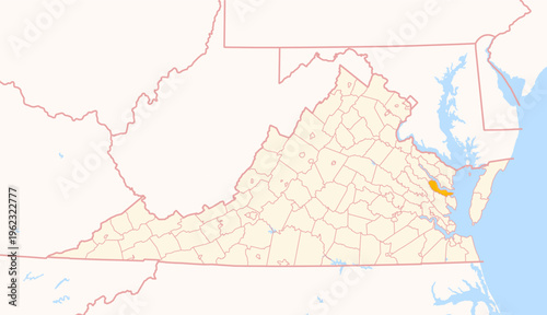 Map of the County Middlesex (Virginia, US) showing the Federal State with the highlighted County