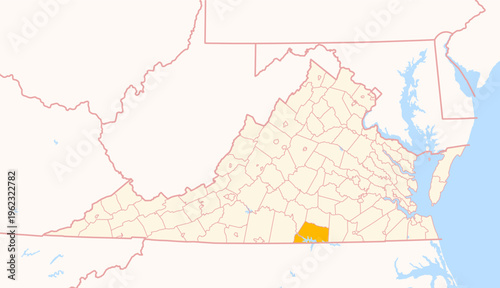Map of the County Mecklenburg (Virginia, US) showing the Federal State with the highlighted County