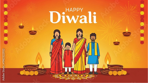 Family celebrating Diwali with traditional lamps and decorations inside a home