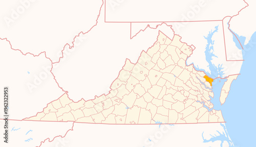 Map of the County Northumberland (Virginia, US) showing the Federal State with the highlighted County