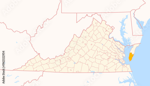 Map of the County Northampton (Virginia, US) showing the Federal State with the highlighted County