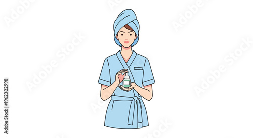Woman in blue spa robe and towel on head holding a bowl in minimalist line art style with soft pastel colors on white background for wellness and self-care