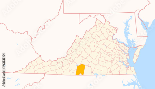 Map of the County Pittsylvania (Virginia, US) showing the Federal State with the highlighted County