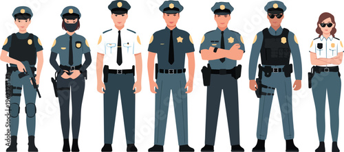 Cartoon police officers vector set featuring policeman and policewoman characters in uniform, security and law enforcement concept illustration