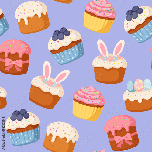 Sweet blueberry cupcakes and pink muffins seamless pattern. Delicious holiday pastry repeating background on lilac