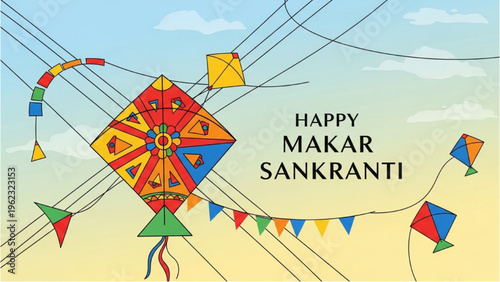People fly colorful kites and banners in a sunny sky on Makar Sankranti