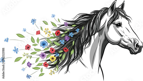 A beautiful black vector illustration of a wild stallion silhouette features an intricate line art design of a horse head and flowing mane shaped from the majestic form of the animal