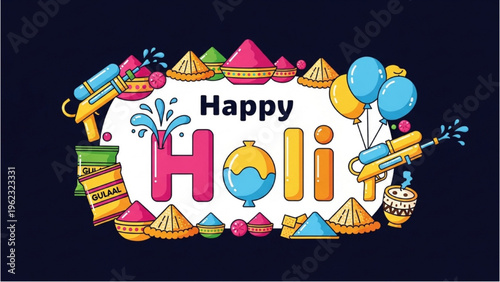 Vibrant Holi celebration with colorful powders and balloons outdoors