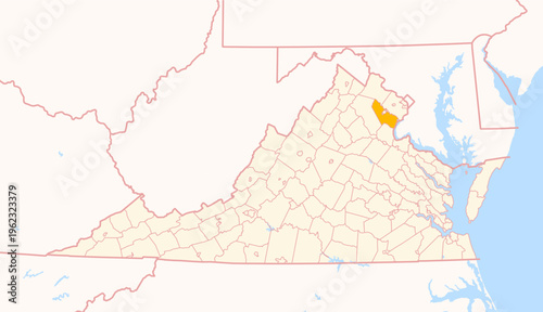 Map of the County Prince William (Virginia, US) showing the Federal State with the highlighted County