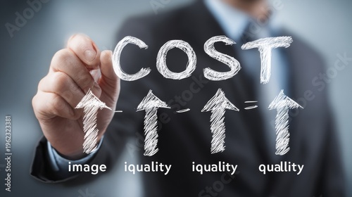 Businessman drawing cost quality graph.