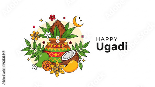 Traditional Ugadi celebration with floral decorations and fruits