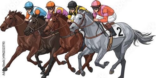 Professional jockey riding a racing horse at high speed during an equestrian competition event