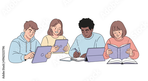 Diverse group of people studying together.