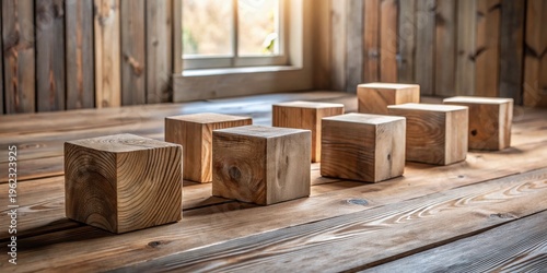 Rustic Wooden Blocks Arranged on a Weathered Wooden Surface Near a Window