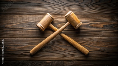 Two Wooden Mallet Hammers Crossed on Rustic Wooden Surface, a Symbol of Justice and Decision Making