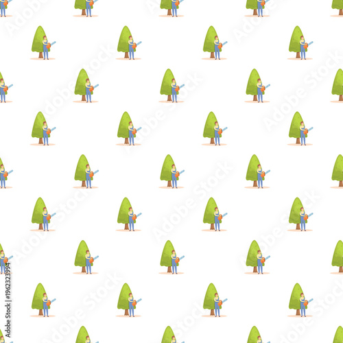 Lumberjack worker wearing a safety helmet and holding a chainsaw preparing to cut a tree