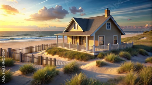 Serene Coastal Cottage at Golden Hour, Nestled Amongst Dunes and Ocean Breeze
