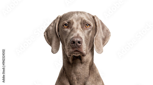 Majestic silver-gray Weimaraner dog with amber eyes and sleek fur, isolated on transparent background for pet media