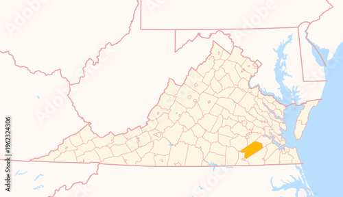 Map of the County Sussex (Virginia, US) showing the Federal State with the highlighted County