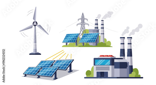 Energy Production Mix: Wind Turbine, Solar Panels, and Industrial Factories - Renewable & Non-Renewable Power Sources Illustration