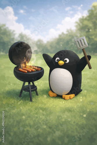 Cartoon penguin character grilling sausages on a barbecue outdoors, holding a fork