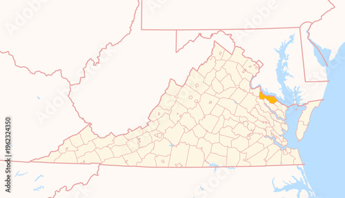Map of the County Westmoreland (Virginia, US) showing the Federal State with the highlighted County