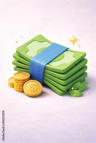 Stack of stylized green banknotes and gold coins, symbolizing wealth, finance, and success in a clean, minimalist 3D illustration, paper money