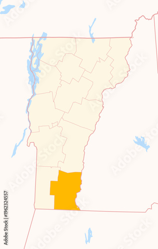 Map of the County Windham (Vermont, US) showing the Federal State with the highlighted County
