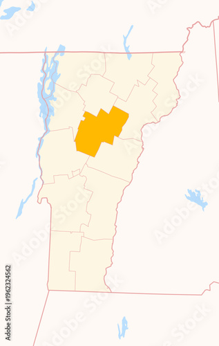 Map of the County Washington (Vermont, US) showing the Federal State with the highlighted County