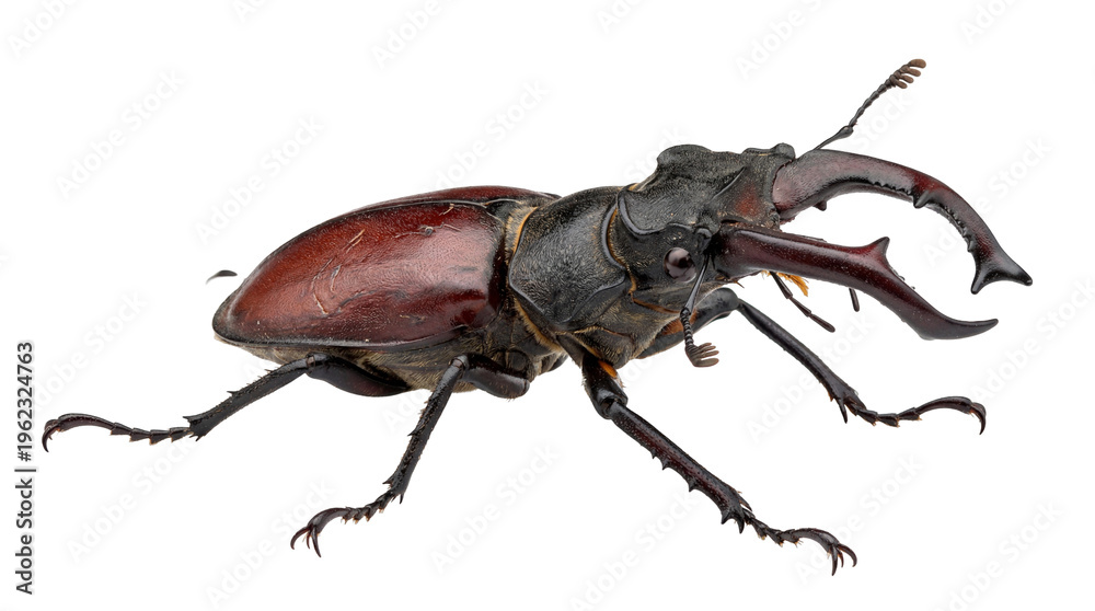 Obraz premium Robust dark brown stag beetle with prominent reddish mandibles, isolated on transparent background for study
