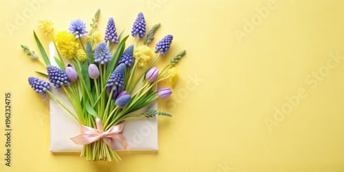A Delicate Spring Bouquet Tied with a Pale Pink Ribbon, Resting on a Pale Yellow Surface