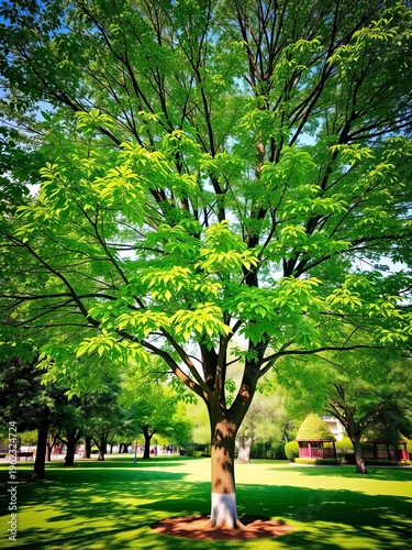 A vibrant, healthy tree with full green leaves in a park ,  summer,  renewal