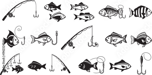 Fishing gear and aquatic life collection featuring cad drawing flat vector illustration of various fish species rods hooks and black silhouette icons graphics set.