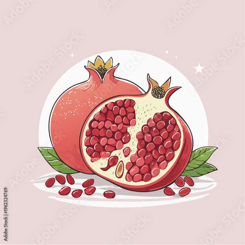 Illustration of a pomegranate cut in half with seeds spilling out, set against a soft pink background with green leaves and white accents.