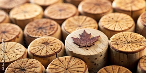 Autumnal Leaf on Wooden Discs A Detailed Macro Shot of Natural Textures and Warm Hues
