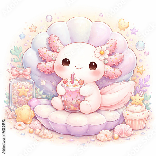 axolotl pastel kawaii, cute axolotl illustration, kawaii amphibian character, pastel aesthetic design, adorable axolotl mascot, chibi axolotl, soft pink palette, cute aquatic creature, smiling axolotl