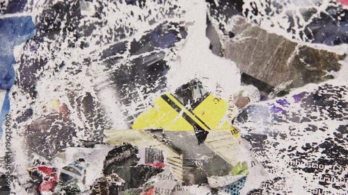 Abstract background of layered torn posters and shredded paper with messy textures and street art aesthetic in a seamless loop style.