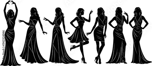 Elegant women silhouettes in evening dresses, fashion poses collection, stylish female figures, glamour party outfits, vector illustration of modern beauty