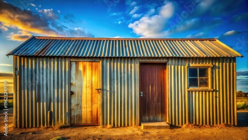 Rustic corrugated metal shed with wooden doors bathed in warm sunset light