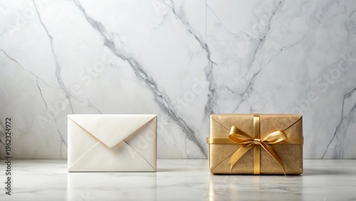 Elegant Envelope and Gift Box on Marble Surface, Symbol of Communication and Celebration