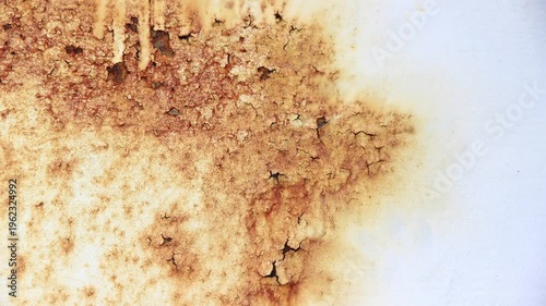 Close-up of a heavily rusted metal surface with peeling paint, showing industrial decay and oxidation textures in a seamless loop style.
