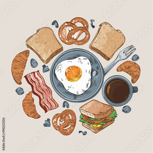 A vibrant flat lay of assorted breakfast foods including sandwiches, pretzels, coffee, and a fried egg on a plate with a fork, against a clean white background with warm, appetizing tones.